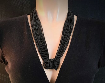 Long black beaded necklace, seed bead boho necklace, knot necklace, statement black necklace, gifts  for women