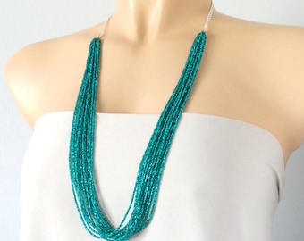 Long boho beaded necklace , emerald necklace, teal green multi strand , gift for her