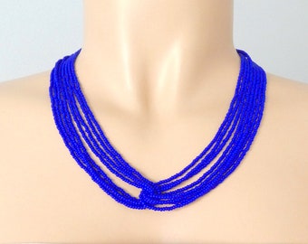 Royal blue necklace, seed bead necklace, beaded necklace, bridesmaid necklace, boho necklace, multistrand necklace, gift for her