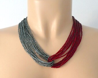 Cranberry and charcoal necklace,statement necklace,red jewelry,statement necklace,beaded necklace,seed bead jewerly,gift ideas,dark red,grey