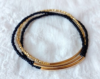 Set of 3 Gold filled bar bracelets, black and gold bracelet, stacking, minimalist bracelet, seed bead bracelet, black bracelets, bridesmaids