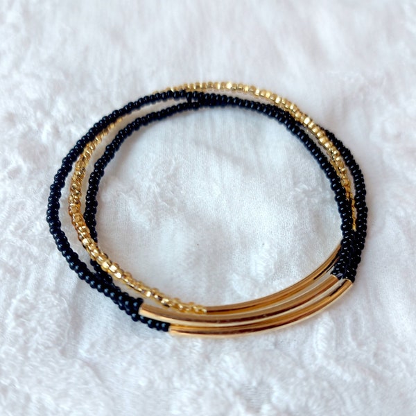 Set of 3 Gold filled bar bracelets, black and gold bracelet, stacking, minimalist bracelet, seed bead bracelet, black bracelets, bridesmaids