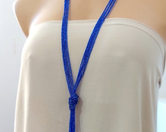 Collier de perles bleu royal, collier long pompon, collier de perles de rocaille, cadeau pour elle, collier extra long, collier scintillant multi brin