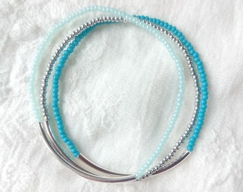 Turquoise and silver beaded bracelet,gift set,anklet,set stacking bracelet,ombre effect,mint bracelet,aqua bracelet,seed bead bracelet,bar