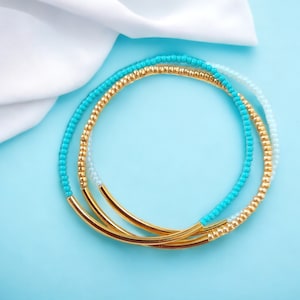 Gold filled bar Turquoise seed bead bracelets,  aqua and gold bracelets, turquoise bracelet, stretch bracelet, bar bracelet