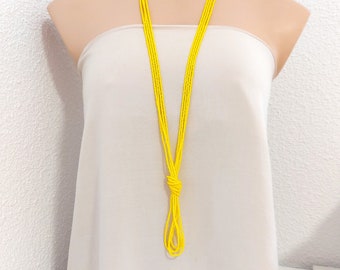 Long yellow necklace, v necklace, boho necklace, tiny bead necklace, for her, multistrand necklace, bohemian necklace, for her