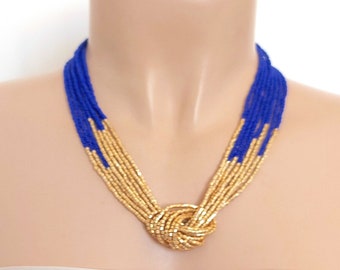 Royal blue and gold necklace, seed bead necklace, knot necklace, blue and gold, beaded necklace, choker collar, retro