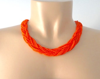 Bridesmaid necklace,Orange necklace,bridesmaids gifts,braid necklace,beaded necklace,seed bead necklace,summer wedding, necklace multistrand