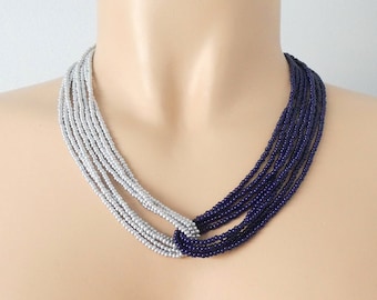 Navy blue and silver beaded necklace,  dark blue necklace, blue and gray necklace, bridesmaid necklace, bridesmaid gift,seed bead necklace