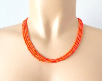 Orange necklace, orange beaded necklace, iridescent orange necklace, dainty necklace, seed bead necklace, bridesmaid gift, multistrand