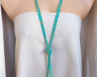Long turquoise necklace, boho tassel beaded necklace, v necklace,  beaded bohemian style necklace, bridesmaids gifts