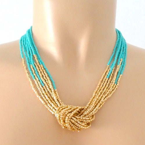 Turquoise and Gold Necklace Seed Bead Necklaceknot Turquoise - Etsy