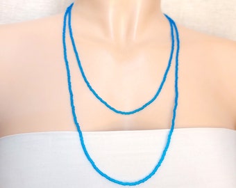 Long dainty beaded cornflower blue necklace, boho necklace, aquamarine seed bead necklace, one strand necklace