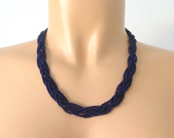 Navy blue beaded necklace, bridesmaids necklace gifts, seed bead dark blue necklace, boho chic, dainty necklace, wholesale necklaces