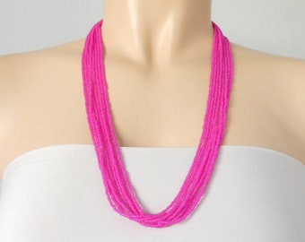 Hot pink necklace, neon pink necklace, fuchsia multistrand necklace, hot pink beaded, boho necklace, handmade hot pink,neon,magenta necklace