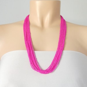 Hot pink necklace, neon pink necklace, fuchsia multistrand necklace, hot pink beaded, boho necklace, neon, magenta necklace