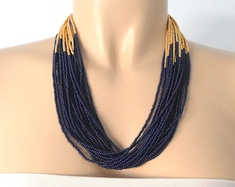 Navy Blue and gold necklace,multi strand statement necklace, gift ideas,statement blue necklace,boho beaded necklace,seed bead necklaces