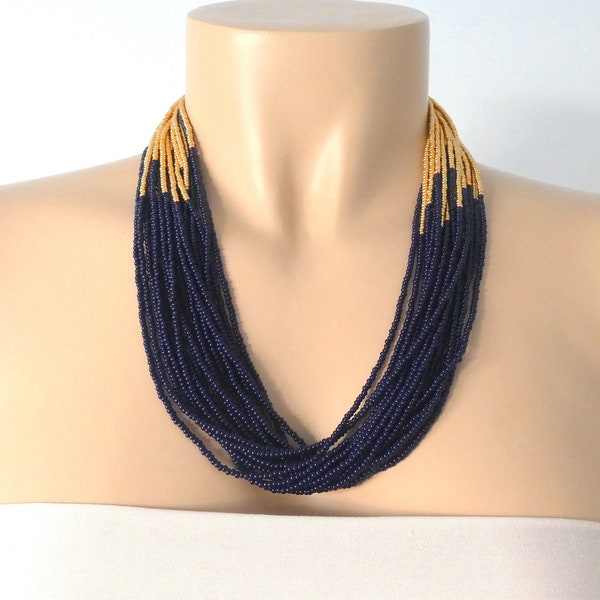 Navy Blue and gold necklace,multi strand statement necklace, gift ideas,statement blue necklace,boho beaded necklace,seed bead necklaces