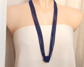 Knot Necklace, Long necklace, Navy Blue Necklace, Beaded Boho Necklace, Bohemian Necklace, Seed Bead Necklace, Boho Necklace