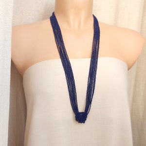 Knot Necklace, Long necklace, Navy Blue Necklace, Beaded Boho Necklace, Bohemian Necklace, Seed Bead Necklace, Boho Necklace