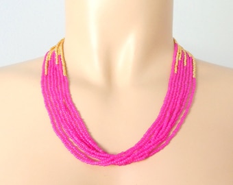 Hot pink and gold necklace, seed bead necklace,hot pink necklace, neon pink,  beaded necklace, fuchsia and gold, gold, multistrand necklace