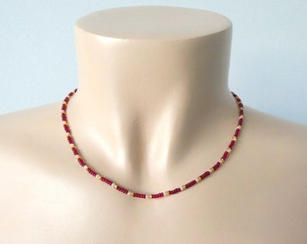 Garnet and gold dainty thin layering necklace, bohemian seed bead choker necklace