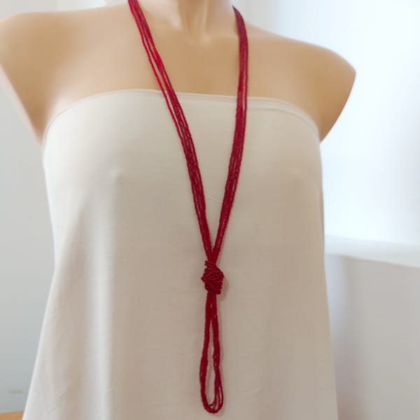 Collier de perles boho long grenat, collier multi brins marron, collier de style boho perlé bordeaux, collier pour femmes