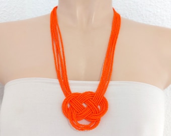 Orange statement necklace, boho necklace, celtic knot orange necklace, boho necklace, seed bead necklace, for her, for women