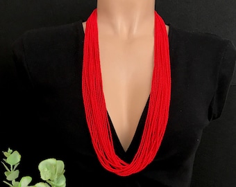 Boho necklace, red statement necklace, beaded necklace, long red necklace, multistrand necklace, seed bead necklace, bohemian necklace