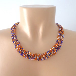 Boho necklace, seed bead necklace, Blue necklace, Orange necklace, gift for her, bridesmaid gifts ,gift for women