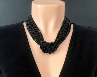 Statement black necklace, seed bead choker, black beaded necklace, knot necklace,bridesmaid gifts,gift for her ,wedding,bridesmaid gifts