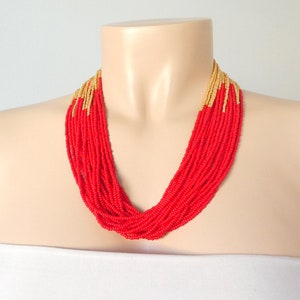 Red and gold necklace, red statement necklace,red necklace,gift idea,statement necklace,boho,multistrand,beaded necklace,seed bead necklace image 2