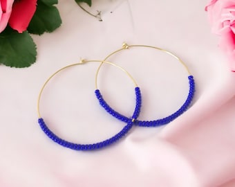 Royal blue earrings, beaded Sapphire gold filled hoop earrings, Cobalt blue , Azure, Lapis, Indigo, Deep Blue hoop earrings