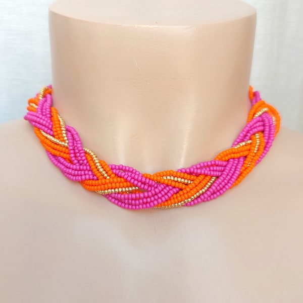 Seed bead Bead choker, hot pink necklace, orange necklace, Statement necklaces for women, for her, fuchsia necklace, beaded choker