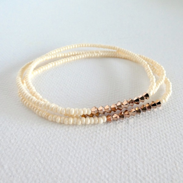 Ivory and rose gold bracelet, stretch beaded bracelets, elastic bracelets, cream and rose bracelet, seed bead dainty bracelet