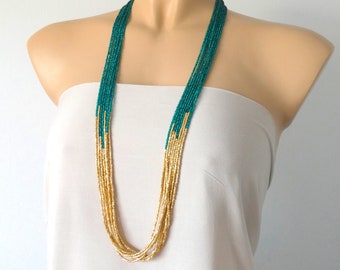 Peacock green and light gold long boho necklace, seed bead necklace, beaded multistrand green necklace, bridesmaids