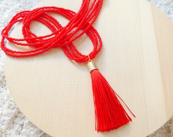 Red tassel necklace, coral red necklace, seed bead necklace, boho seed bead jewelry, women red necklace, red accessories, christmas gifts