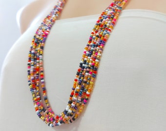 Multicolor long boho beaded necklace, colorful necklaces, hot pink and brown necklace, seed bead necklace, women necklace, 30 inches