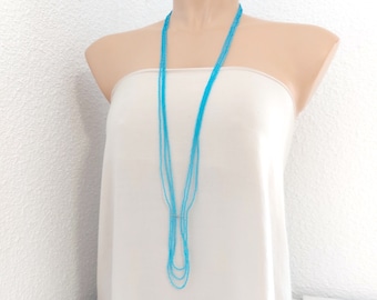 Extra Long turquoise necklace, aqua seed bead boho necklace, tiny bead bohemian style