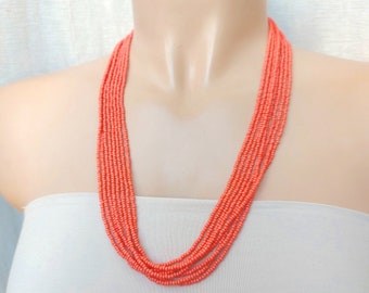 Beaded necklaces , Salmon color multi strand , coral layering necklace , pink jewelr , birthday gifty