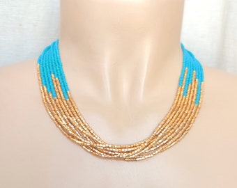 Turquoise and gold beaded necklace, retro inspired necklace, seed bead necklace,teal and gold, beaded necklace, aqua necklace bridesmaids