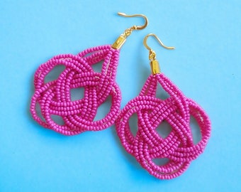 Hot Pink statement earrings, dangle boho earrings, seed bead earrings, big bridesmaid earrings, beaded fuchsia earrings