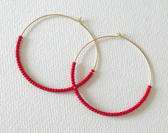 Big hoop earrings, large hoop earrings, red hoop earrings, seed bead earrings, boho earrings, beaded earrings,dainty earrings,big earrings