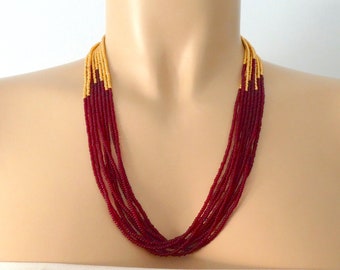 Bohemian garnet beaded necklace, seed bead necklace,maroon and gold,multistrand necklace, gift for women, layered necklace, long necklace