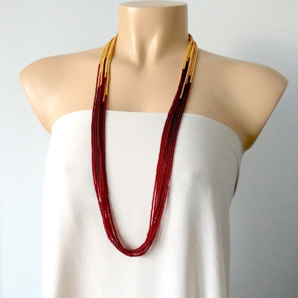 Collier Boho pour femmes, collier bordeaux, collier long, collier superposé, pour elle, collier grenat, collier rouge foncé