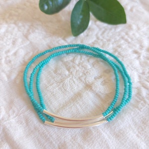 Turquoise bracelet bar bracelet gift set seed bead bracelet beaded bracelet aqua bracelet noodle minimalist bracelet,stacking elastic image 1