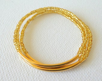 Bracelet Set  - Gold Bar bracelets , seed bead jewelry , stretchy seed bead bracelet, minimalist jewelry , bridesmaid gift