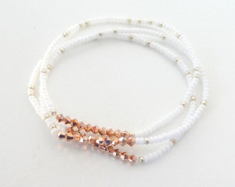 White and rose gold elastic bracelets, set of 3 bracelets