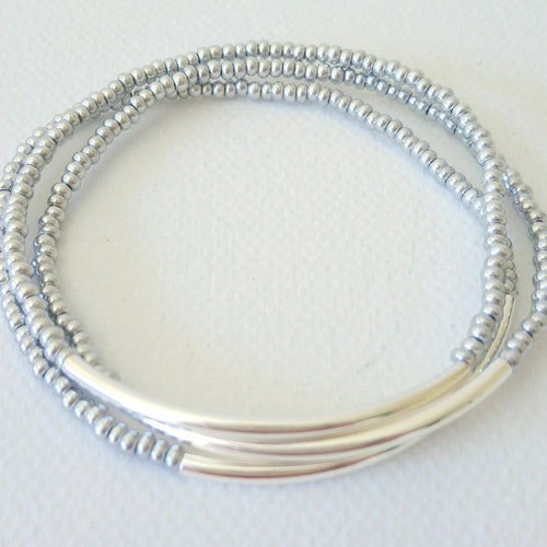 Silver Gray Stretch Bead & Chain Bracelet