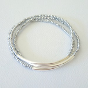 Silver bracelets, bar bracelets, stretch bracelets, grey bracelets seed bead bracelet minimalist bracelets dainty bracelets, boho bracelet